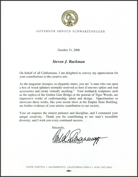 Governor Arnold Schwarzenegger Letter