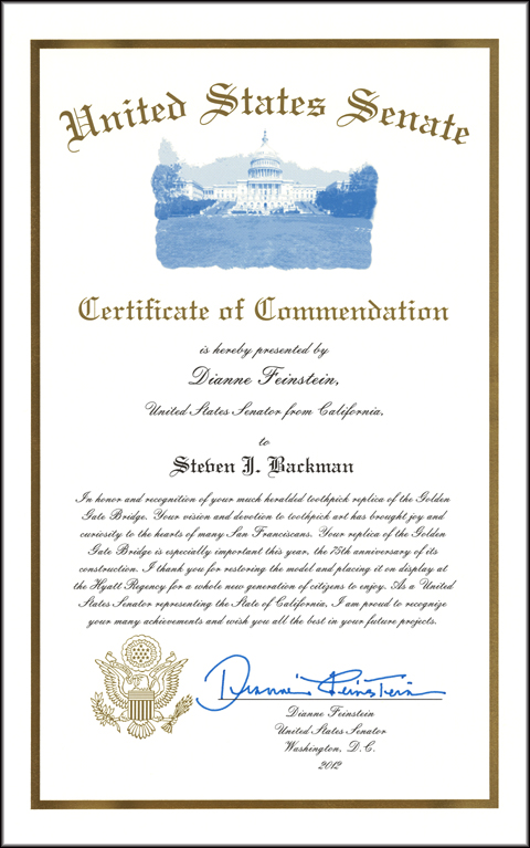 Senator Dianne Feinstein Certificate of Commendation