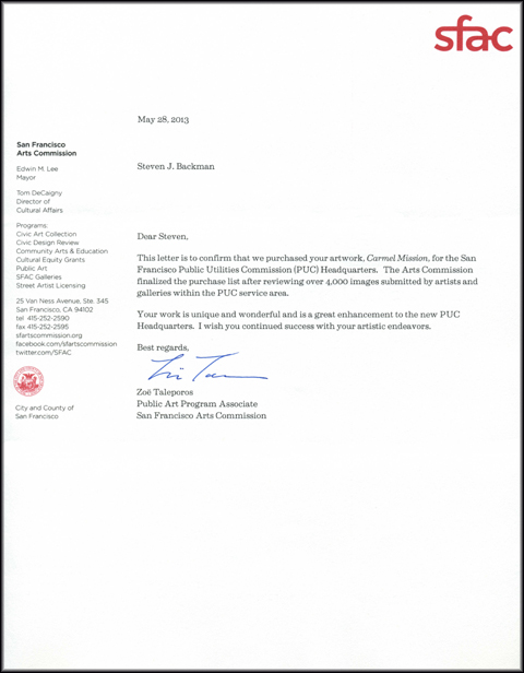 San Francisco Arts Commission Letter